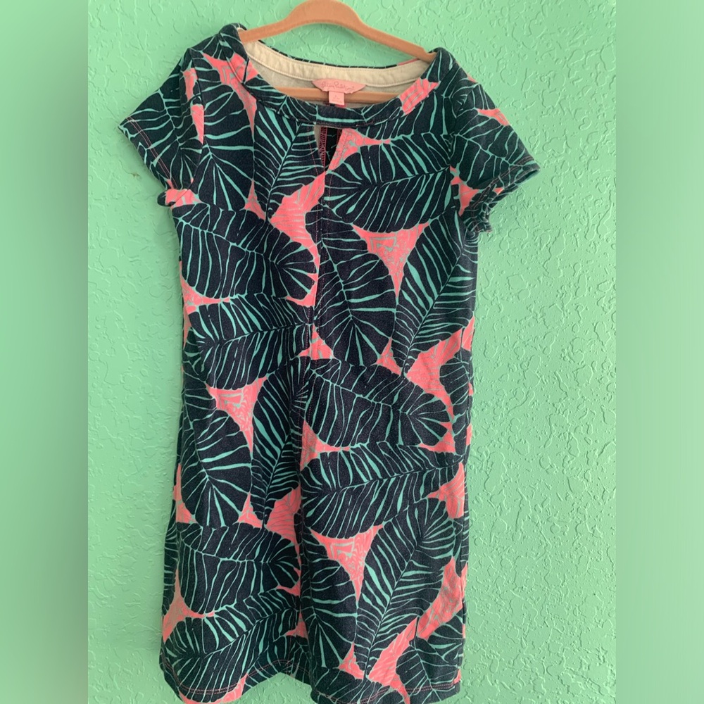 Lilly Pulitzer Navy and pink palm  Leaf Dress summer resort preppy  L 10/12